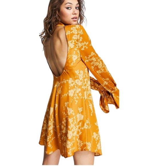 Free People Dresses & Skirts - Free People Aries Mini Dress Golden Yellow sz L  Backless Long Sleeve Boho Flowy